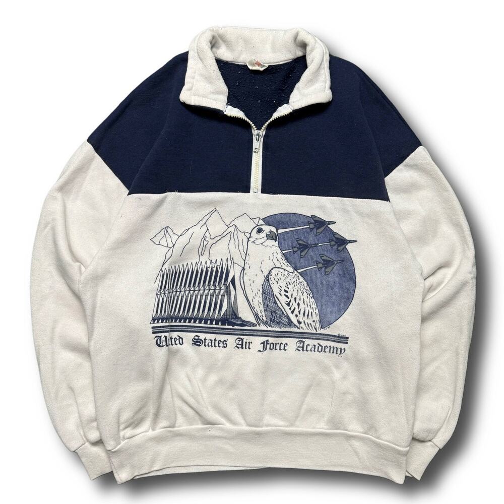 Military US Air Force 1987 Vintage White Navy Zip Up Sweater